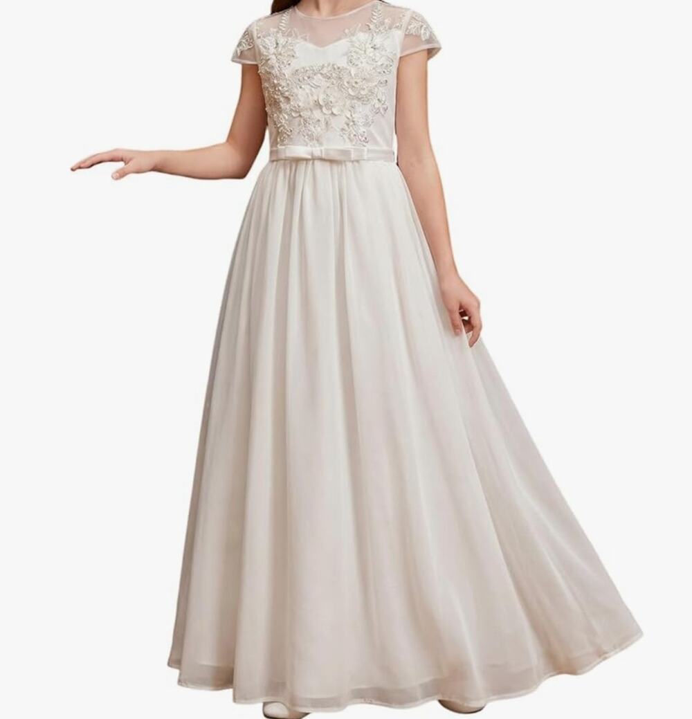 Elegant Girls White Flower Girl Dress Lace Chiffon A-line Cap Sleeves Size 4